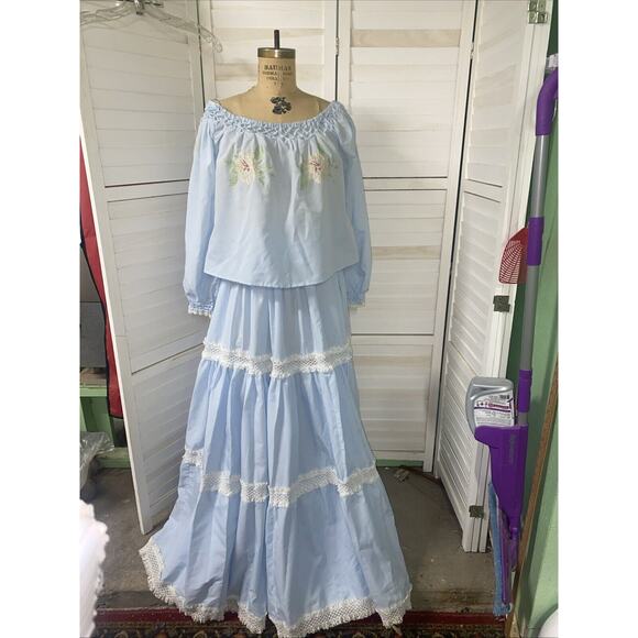 Handmade Dresses & Skirts - Handmade VTG 60s 70s Blue Cottagecore Country Set Maxi Skirt Blouse Sz Medium